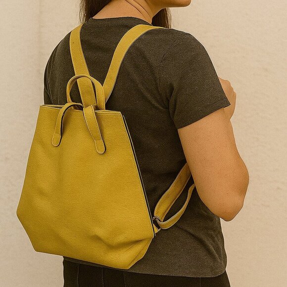 Handbags - Sleek Women's Mustard Yellow Leather Backpack Medium
